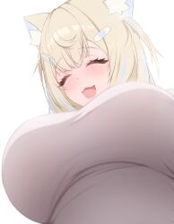 Rule 34 | 1girl, :d, absurdres, animal ear fluff, animal ears, backlighting, bandaid, bandaid hair ornament, blonde hair, blush, breasts, closed eyes, dog ears, dog girl, fangs, fuwawa abyssgard, hair ornament, hairclip, highres, hololive, hololive english, large breasts, multicolored hair, open mouth, pov, prab, shirt, simple background, skin fangs, smile, solo, streaked hair, virtual youtuber, white background, white shirt