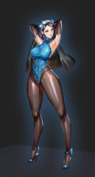 Rule 34 | 1girl, absurdres, animal ears, arms behind head, arms up, black hair, blue eyes, blue leotard, breasts, commentary request, covered collarbone, covered erect nipples, covered navel, dark night (darkotl), earrings, elbow gloves, fake animal ears, full body, gloves, hairband, high heels, highres, jewelry, leotard, long hair, looking at viewer, medium breasts, original, pantyhose, parted lips, shiny clothes, simple background, skin tight, sleeveless, smile, standing, star (symbol), star earrings