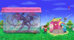 Rule 34 | 1girl, 2boys, animal crossing, apple, blouse, butterfly net, cloud, cyrus (animal crossing), flower, food, fruit, hand net, ippers, llama, metroid, multiple boys, nintendo, outdoors, plant, red shirt, reese (animal crossing), ridley, scratches, shirt, sky, standing, super smash bros., surprised, tree, villager (animal crossing), whispy woods