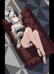 Rule 34 | 1girl, absurdres, ass, black choker, black dress, black footwear, black hair, black horns, blue archive, blush, breasts, choker, collarbone, couch, demon horns, demon wings, dress, grey hair, grey halo, grey jacket, hair between eyes, halo, high heels, highres, horns, jacket, kayoko (blue archive), kayoko (dress) (blue archive), long hair, long sleeves, lying, multicolored hair, nabe-san, on back, open clothes, open jacket, parted lips, purple wings, red eyes, single wing, small breasts, solo, wings
