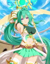 Rule 34 | 10s, 1girl, absurdres, alternate costume, arm up, armpits, blush, breasts, cleavage, cloud, cowboy shot, day, female focus, green hair, green heart (neptunia), highres, holding, holding weapon, large breasts, long hair, midriff, navel, neptune (series), planeptune, pleated skirt, polearm, ponytail, purple eyes, skirt, solo, spear, symbol-shaped pupils, vert (neptunia), very long hair, weapon, wings