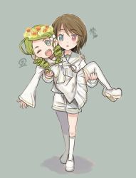 Rule 34 | 2girls, arm around shoulder, bow, brown hair, carrying, commentary request, drill hair, green eyes, green hair, grey background, hair bow, heterochromia, kanaria, long hair, long sleeves, multiple girls, one eye closed, open mouth, pleated skirt, princess carry, red eyes, rozen maiden, saiguchi otoufu, school uniform, serafuku, shoes, short hair, skirt, smile, socks, souseiseki, surprised, translation request, twin drills, wide sleeves