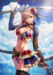 Rule 34 | 1girl, :d, american flag bikini, american flag print, asymmetrical hair, belt, bikini, blue eyes, blue jacket, blue sky, blush, breasts, brown gloves, buckle, bun cover, cleavage, cloud, collarbone, cowboy shot, day, dual wielding, elbow gloves, fate/grand order, fate (series), flag print, gloves, gunblade, hair bun, highres, holding, holding weapon, jacket, kuroi susumu, large breasts, long hair, looking at viewer, miyamoto musashi (fate), miyamoto musashi (fate/grand order), miyamoto musashi (swimsuit berserker) (fate), miyamoto musashi (swimsuit berserker) (second ascension) (fate), navel, open mouth, outdoors, pink hair, print bikini, shrug (clothing), single elbow glove, single hair bun, sky, smile, solo, swept bangs, swimsuit, sword, toned, trigger discipline, weapon