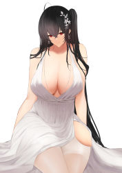 Rule 34 | 1girl, absurdres, axicoi, azur lane, backless dress, backless outfit, black hair, breasts, center opening, cleavage, cocktail dress, dress, earrings, evening gown, hair between eyes, hair ornament, highres, huge breasts, jewelry, long hair, looking at viewer, official alternate costume, plunging neckline, red eyes, satin dress, simple background, sleeveless, sleeveless dress, solo, taihou (azur lane), taihou (temptation on the sea breeze) (azur lane), very long hair, wedding dress, white background, white dress