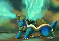 Rule 34 | absurdres, all fours, bad deviantart id, bad id, blastoise, blue skin, colored skin, creatures (company), fangs, full body, game freak, gen 1 pokemon, glitchedpuppet, grass, highres, huge filesize, looking at viewer, nintendo, no humans, pokemon, pokemon (creature), pokemon move, scowl, shell, signature, solo, tortoise, turtle, water