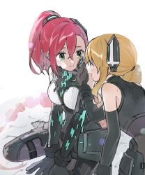 Rule 34 | 2girls, artist name, assault lily, bare shoulders, black bodysuit, black footwear, black gloves, blonde hair, bodysuit, boots, bracer, breasts, closed mouth, elbow gloves, eye contact, gloves, green eyes, hair between eyes, hand on another&#039;s cheek, hand on another&#039;s face, hatsukano you, headgear, high collar, highres, iijima renka, leaning forward, light smile, long hair, looking at another, low ponytail, mechanical tail, medium breasts, multiple girls, nagi (namae11x), official alternate costume, official alternate hairstyle, on floor, open mouth, ponytail, red hair, side ponytail, sidelocks, sitting, sleeveless, sleeveless bodysuit, smile, tail, thigh boots, v arms, wariza, white background