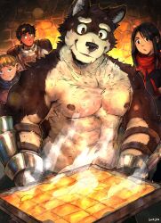 Rule 34 | 1girl, 3boys, abs, animal ears, artist name, bara, black eyes, black hair, blonde hair, blue cape, blue eyes, brown eyes, brown hair, cape, capelet, carrying bag, commentary, dog boy, dog ears, dungeon meshi, english commentary, furry, furry male, green eyes, highres, kabru, kobold, kuro (dungeon meshi), looking at food, luck like, mickbell tomas, multiple boys, muscular, muscular male, nipples, pectorals, red capelet, rin (dungeon meshi), smile, steam, sweat, topless male, very sweaty