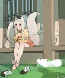 Rule 34 | 1girl, absurdres, animal ears, bad id, bad twitter id, bare legs, barefoot, blush, check copyright, copyright request, door, fox ears, fox tail, grass, grey hair, highres, long hair, long sleeves, multiple tails, orange skirt, original, parted lips, red eyes, shadow, shirt, shoes, unworn shoes, sitting, skirt, smile, solo, stardown95, tail, yellow shirt