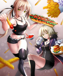 Rule 34 | &gt;:), 2girls, ahoge, armpits, artoria pendragon (all), artoria pendragon (fate), bare arms, bare shoulders, belt, black dress, black legwear, black shirt, black shorts, blurry, breasts, brown hair, burger, camisole, cleavage, closed mouth, collarbone, depth of field, dress, drink, fate/grand order, fate (series), feeding, food, french fries, groin, highres, holding, holding food, hot dog, incoming food, jacket, jeanne d&#039;arc (fate), jeanne d&#039;arc (ruler) (fate), jeanne d&#039;arc alter (fate), jeanne d&#039;arc alter (ver. shinjuku 1999) (fate), jewelry, ketchup, long hair, looking at viewer, low ponytail, medium breasts, multiple girls, navel, necklace, official alternate costume, onion rings, open clothes, open jacket, pov feeding, saber (fate), saber alter, saber alter (ver. shinjuku 1999) (fate), shirt, short dress, short shorts, shorts, silver hair, socks, stomach, suishougensou, thigh gap, thighhighs, thighs, toned, v-shaped eyebrows, yellow eyes