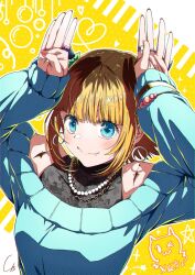 Rule 34 | 1girl, 4b-enpitsu, bead necklace, beads, blonde hair, blue sweater, blush, character signature, closed mouth, commentary, earrings, fang, highres, jewelry, mem-cho, multicolored hair, multiple rings, necklace, off-shoulder sweater, off shoulder, oshi no ko, ring, roots (hair), short hair, sidelocks, signature, solo, sweater
