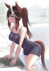 Rule 34 | 1girl, :/, animal ears, arm support, black hair, blue one-piece swimsuit, blue school swimsuit, breasts, brown hair, clothing cutout, collarbone, from side, hair between eyes, high ponytail, highres, horse ears, horse girl, horse tail, kusanagi kaoru, leaning forward, light blush, long hair, looking afar, medium breasts, multicolored hair, nontraditional school swimsuit, one-piece swimsuit, pink eyes, ponytail, pool, poolside, profile, school swimsuit, shadow, sidelocks, single vertical stripe, solo, streaked hair, swimsuit, symboli rudolf (umamusume), tail, tail through clothes, thighs, tracen swimsuit, umamusume, wading, water, wet, wet clothes, wet swimsuit, white hair