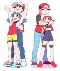 Rule 34 | 2boys, 2girls, bad id, bad pixiv id, baseball cap, bike shorts, blouse, creatures (company), dual persona, frown, full body, game freak, hair between eyes, hat, height difference, kris (pokemon), legs apart, lyra (pokemon), multiple boys, multiple girls, nintendo, overall shorts, overalls, pokemon, pokemon gsc, pokemon hgss, pumpkinpan, red (pokemon), red (pokemon frlg), red hat, red shirt, shirt, standing, thighhighs, white background, white hat, white legwear, yellow hat