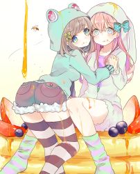 Rule 34 | 2girls, ass, bad id, bad pixiv id, bee, blue eyes, blueberry, blush, bow, brown hair, bug, food, food on body, food on face, food on legs, fruit, green eyes, honey, hood, hoodie, insect, matsudamaiko, multiple girls, original, pink hair, shorts, strawberry, thighhighs