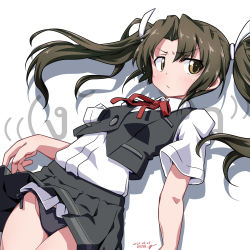 Rule 34 | 1girl, 547th sy, black panties, brown eyes, commentary request, cosplay, cowboy shot, dress shirt, grey hair, grey skirt, grey vest, highres, kantai collection, long hair, looking at viewer, neck ribbon, panties, pleated skirt, ponytail, red ribbon, ribbon, school uniform, shiranui (kancolle) (cosplay), shiranui (kancolle), shirt, short sleeves, side-tie panties, skirt, solo, twintails, underwear, vest, white background, white shirt, zuikaku (kancolle)