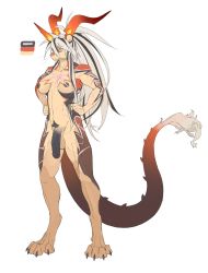Rule 34 | 1futa, alchemy stars, animal ears, black hair, black nipples, black pubic hair, breasts, colored nipples, female pubic hair, flaccid, full body, furry, furry female, futanari, grey hair, hair between eyes, hands on own hips, highres, horns, knifedragon, long hair, looking to the side, multicolored hair, orange eyes, penis, ponytail, pubic hair, reinhardt (alchemy stars), scar, scar on chest, sidelocks, simple background, solo, tail, testicles, white background
