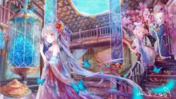 Rule 34 | 1boy, 2girls, :d, animal, architecture, bare shoulders, blonde hair, blue eyes, blue flower, blue kimono, blush, book, brother and sister, bug, butterfly, collarbone, commentary request, dress, east asian architecture, fish, flower, hair bun, hair flower, hair ornament, hair ribbon, hatsune miku, highres, indoors, insect, japanese clothes, kagamine len, kagamine rin, kimono, long hair, long sleeves, multiple girls, open mouth, parted lips, peas (peas0125), pink flower, railing, red flower, ribbon, rose, siblings, silver hair, single hair bun, sitting, smile, stairs, standing, tree, very long hair, vocaloid, water, white dress, white flower, white rose, wide sleeves