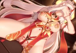 Rule 34 | 1girl, areola slip, bare shoulders, blush, breasts, fur collar, genkung, genshin impact, hair ornament, highres, large breasts, long hair, looking at viewer, navel, ningguang (genshin impact), nipples, parted bangs, pubic tattoo, red eyes, revealing clothes, shaded face, sidelocks, smile, solo, spread legs, tassel, tattoo, thighs, white hair