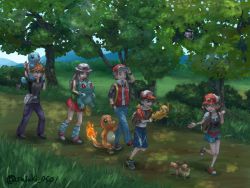 Rule 34 | 2girls, 3boys, :d, backpack, bag, baseball cap, black footwear, black hair, blue eyes, blue oak, blue sky, brown eyes, brown hair, bulbasaur, bush, charmander, chase (pokemon), claws, commentary request, creature, creatures (company), day, eevee, elaine (pokemon), fiery tail, fire, flame-tipped tail, flat chest, game freak, gen 1 pokemon, grass, happy, hat, highres, holding, holding pokemon, jumping, leaf (pokemon), legendary pokemon, long hair, mew (pokemon), miniskirt, mountain, multiple boys, multiple girls, mythical pokemon, nature, nintendo, on shoulder, open mouth, pants, pikachu, pokemon, pokemon (creature), pokemon frlg, pokemon lgpe, pokemon on shoulder, purple pants, red (pokemon), red eyes, red headwear, red skirt, road, satsuki (pixiv44579273), shoes, signature, skirt, sky, smile, spiked hair, squirtle, starter pokemon trio, tail, tree, vs seeker, walking