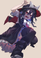 Rule 34 | 1girl, absurdres, arm up, beige background, black footwear, black hair, black hat, black skirt, black thighhighs, blouse, boots, bow, hair bow, hat, hat bow, highres, looking at viewer, muraryo, necktie, open mouth, petticoat, red eyes, red necktie, shirt, short sleeves, simple background, skirt, slit pupils, solo, thighhighs, touhou, usami renko, v-shaped eyebrows, white bow, white shirt