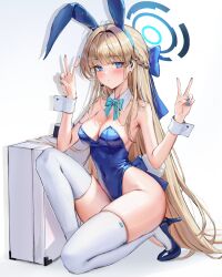 Rule 34 | 1girl, absurdres, animal ears, aqua bow, aqua bowtie, bare shoulders, blonde hair, blue archive, blue bow, blue eyes, blue hairband, blue leotard, blush, bow, bowtie, breasts, cleavage, commentary, covered navel, detached collar, double v, earpiece, fake animal ears, fake tail, hairband, halo, high heels, highleg, highleg leotard, highres, jademoon, leotard, long hair, looking at viewer, medium breasts, official alternate costume, playboy bunny, rabbit ears, rabbit tail, ribbon, simple background, sitting, smile, solo, strapless, strapless leotard, suitcase, tail, thighhighs, thighs, toki (blue archive), toki (bunny) (blue archive), traditional bowtie, v, very long hair, white background, white wrist cuffs, wrist cuffs