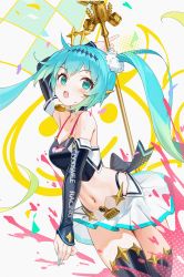 Rule 34 | 1girl, :d, ahoge, aqua eyes, aqua hair, aqua nails, bare shoulders, black thighhighs, blush, breasts, choker, cleavage, detached sleeves, fang, fly tutu, hatsune miku, highleg, highleg panties, highres, holding, holding staff, long hair, looking at viewer, midriff, nail polish, navel, open mouth, panties, pleated skirt, racing miku, skirt, smile, staff, sweat, symbol-shaped pupils, thighhighs, twintails, underwear, vocaloid