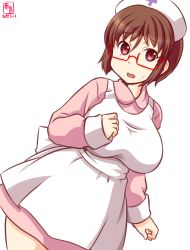 Rule 34 | 1girl, alternate costume, apron, artist logo, bespectacled, breasts, brown eyes, brown hair, commentary request, cowboy shot, dated, dress, glasses, hairband, hat, kanon (kurogane knights), kantai collection, large breasts, looking at viewer, natori (kancolle), nurse, nurse cap, one-hour drawing challenge, pink dress, red-framed eyewear, semi-rimless eyewear, short hair, simple background, solo, under-rim eyewear, white apron, white background