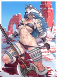 abs absurdres axe barefoot bikini blue_hair breasts fur-trimmed_legwear fur_trim highres holding holding_axe long_hair muscular muscular_female nail_polish ogami original snow swimsuit tattoo toes tribal_tattoo wolf_hood wrist_guards