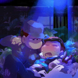 Rule 34 | 2boys, arm around neck, black eyes, black pants, black sleeves, blue hat, blue jacket, blue necktie, blue sleeves, blush, brothers, buttons, closed eyes, closed mouth, collared shirt, commentary request, dated, drooling, fingernails, frown, half-closed eyes, hand on another&#039;s shoulder, hat, holding, holding hands, holding syringe, jacket, knee up, long sleeves, looking at another, lying, male focus, matsuno ichimatsu, matsuno karamatsu, multiple boys, necktie, on back, open clothes, open jacket, open mouth, osomatsu-san, pants, peaked cap, shirt, siblings, signature, sweat, syringe, trash bag, u u ki u u, uniform, white shirt