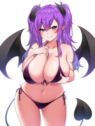 Rule 34 | &gt;:), 1girl, bare arms, bare shoulders, bikini, black bikini, blush, breast hold, breasts, cleavage, closed mouth, collarbone, demon girl, demon tail, demon wings, ear piercing, fingernails, front-tie bikini top, front-tie top, gluteal fold, hair between eyes, hair ornament, hairclip, halterneck, hand on own chest, highres, horns, huge breasts, long fingernails, long hair, looking at viewer, nail polish, navel, original, piercing, pink nails, pointy ears, purple bikini, purple eyes, purple hair, purple nails, purple ribbon, ribbon, side-tie bikini bottom, sidelocks, simple background, smile, solo, stomach, string bikini, suruga (xsurugax), swimsuit, tail, twintails, v-shaped eyebrows, white background, wings