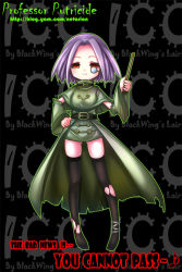 1girl :3 female_focus genderswap genderswap_(mtf) monocle nefarian professor_putricide purple_hair short_hair solo thighhighs torn_clothes torn_thighhighs warcraft world_of_warcraft