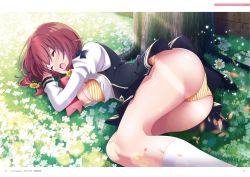 Rule 34 | 1girl, akatsuki hinata, ass, blush, bra, breasts, cleavage, closed eyes, day, female focus, flower, from below, grass, groin, highres, legs, legs together, lying, medium breasts, nose blush, official art, omega labyrinth, omega labyrinth life, on side, open clothes, open mouth, original, outdoors, page number, panties, pantyshot, red hair, school uniform, skirt, solo, striped bra, striped clothes, striped panties, sunlight, tears, thighs, tree, twintails, u35, underwear, upskirt