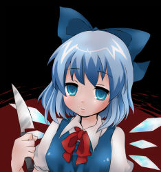 Rule 34 | 1girl, bad id, bad pixiv id, blue eyes, blue hair, bow, cirno, empty eyes, hair bow, knife, kuromame (8gou), matching hair/eyes, short hair, solo, embodiment of scarlet devil, touhou, wings, yandere