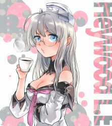 Rule 34 | 1girl, ahoge, blowing, blue eyes, breasts, character name, cleavage, coffee, cup, glasses, grey hair, hat, heywood l. edwards (kancolle), highres, holding, holding cup, kantai collection, medium breasts, oeoeuhoho, solo, steam, upper body, white background