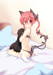 Rule 34 | 1girl, animal ears, bed, blush, bow, bra, braid, cat ears, cat tail, dressing, full-face blush, hair bow, kaenbyou rin, looking at viewer, looking back, massala, multiple tails, panties, red eyes, red hair, short hair, sitting, solo, tail, touhou, twin braids, underwear, underwear only, wariza