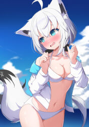 Rule 34 | 1girl, ahoge, animal ear fluff, animal ears, bikini, blurry, blurry background, blush, braid, breasts, cleavage, cloud, cloudy sky, commentary request, earrings, fox ears, fox girl, fox tail, green eyes, hair between eyes, hololive, jacket, jewelry, long hair, looking to the side, medium breasts, navel, open clothes, open jacket, open mouth, pentagram, shirakami fubuki, shoreen0504, sidelocks, single braid, sky, solo, swimsuit, tail, virtual youtuber, white bikini, white hair, white jacket