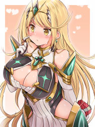 Rule 34 | 1girl, absurdres, blonde hair, blush, breasts, cleavage, cleavage cutout, clothing cutout, elbow gloves, gloves, highres, kurokaze no sora, large breasts, long hair, mythra (xenoblade), solo, valentine, xenoblade chronicles (series), xenoblade chronicles 2, yellow eyes