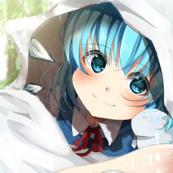 Rule 34 | 1girl, absurdres, bad id, bad twitter id, blue eyes, blue hair, blush, cirno, closed mouth, commentary, highres, ice, ice wings, miri (miri0xl), pov, short hair, smile, solo, touhou, under covers, upper body, wings