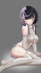 1girl absurdres black_hair closed_mouth cropped_sweater daithehermit grey_background grey_garter_straps grey_hair grey_sweater grey_thighhighs highres hololive hololive_english long_hair looking_at_viewer meme_attire multicolored_hair on_floor panties ribbed_thighhighs shiori_novella side-tie_panties simple_background sleeveless sleeveless_turtleneck solo split-color_hair sweater thighhighs turtleneck turtleneck_sweater two-tone_hair underwear virgin_destroyer_sweater virtual_youtuber yellow_eyes