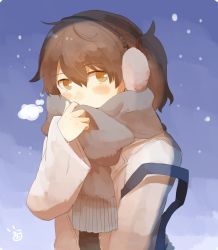 Rule 34 | 1girl, alternate costume, artist name, bag, blush, breath, brown eyes, brown hair, coat, commentary, covering own mouth, earmuffs, hair between eyes, hair tie, handbag, ina (1813576), kaga (kancolle), kantai collection, long sleeves, looking at viewer, medium hair, scarf, side ponytail, snow, snowing, solo, upper body