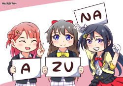 Rule 34 | 3girls, aqua eyes, artist name, artist request, azuna (love live!), black cardigan, black hair, black jacket, black skirt, blue eyes, blue hair, blue ribbon, blush, bow, bowtie, braid, braided bun, breasts, brown hair, buttons, cardigan, chase (love live!), checkered clothes, checkered skirt, clenched hand, closed eyes, collared shirt, dark blue hair, dress shirt, earrings, female focus, fingerless gloves, gloves, grey eyes, hair between eyes, hair bow, hair bun, hair ornament, hairclip, half gloves, hat, highres, holding, holding sign, jacket, jewelry, layered skirt, long hair, long sleeves, looking at viewer, love live!, love live! nijigasaki high school idol club, love live! school idol festival, mini hat, mini top hat, miniskirt, multiple girls, necktie, nijigasaki academy school uniform, osaka shizuku, parted lips, plaid, plaid skirt, pleated, pleated skirt, ponytail, puffy short sleeves, puffy sleeves, purple neckwear, red bow, red gloves, red hat, red shirt, red skirt, red vest, ribbon, school uniform, shirt, short sleeves, side bun, side ponytail, sign, single side bun, skirt, small breasts, smile, sparkle print, star (symbol), star hair ornament, suspender skirt, suspenders, teeth, top hat, triangle earrings, uehara ayumu, v, vest, white shirt, white skirt, wing collar, yellow bow, yellow buttons, yellow ribbon, yuki setsuna (love live!)
