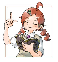 Rule 34 | 1girl, ahoge, andou ringo, book, closed eyes, closed mouth, collared shirt, drill hair, hair ornament, hairclip, hand up, highres, holding, holding book, long hair, necktie, nishikuromori, open book, orange hair, purple necktie, puyo (puyopuyo), puyopuyo, red hair, school uniform, shirt, short sleeves, smile, solo, sparkle, sweater vest, twin drills, twintails, upper body, white shirt