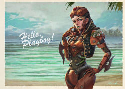 Rule 34 | 1girl, absurdres, android, apex legends, ash (titanfall 2), brown eyes, cloud, commentary, denizen of the deep ash, english commentary, eyeshadow, goggles, goggles on head, green eyeshadow, green lips, hand on own hip, highres, looking at viewer, makeup, ocean, official alternate costume, palm tree, realistic, science fiction, sky, smile, solo, tree, tropical, warren nguyen