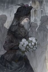 Rule 34 | 2boys, 2girls, black dress, black headwear, black shawl, black veil, blue eyes, bouquet, brown hair, building, center frills, chinese commentary, closed mouth, cowboy shot, dress, earrings, flower, frills, funeral, funeral dress, grey sky, hair between eyes, hair bun, hat feather, highres, holding, holding bouquet, identity v, jewelry, jiyangzi, lipstick, long dress, long sleeves, looking ahead, makeup, melly plinius, multiple boys, multiple girls, partially colored, pearl earrings, rain, red lips, rose, shawl, single hair bun, sky, solo focus, veil, veil over eyes, white flower, white rose