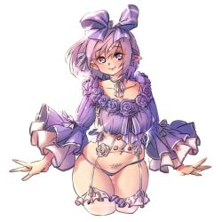 Rule 34 | 1girl, breasts, garter straps, large breasts, looking at viewer, naidong (artist), navel piercing, original, panties, piercing, pointy ears, pubic tattoo, purple eyes, purple hair, purple panties, short hair, simple background, smile, solo, tattoo, thighhighs, underwear, white background