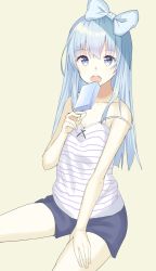 Rule 34 | 1girl, :o, aquna, beige background, blue bow, blue eyes, blue hair, bow, breasts, camisole, collarbone, food, hair bow, hand on own thigh, long hair, looking at viewer, open mouth, original, popsicle, simple background, sitting, small breasts, solo, spread legs, strap slip, teeth