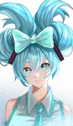 Rule 34 | 1girl, absurdres, aqua bow, aqua necktie, bare shoulders, blue eyes, blue hair, bow, cinnamiku, closed mouth, hair between eyes, hair bow, hatsune miku, heart, heart in eye, highres, light blue hair, light particles, long hair, looking at viewer, necktie, signature, smile, solo, symbol in eye, tokishima sikuka, twintails, vocaloid