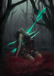 Rule 34 | 1girl, armor, artist name, bare tree, black hair, blood, breastplate, cheesewoo, dying, energy spear, faulds, fog, full body, highres, impaled, kalista, kneeling, league of legends, leather armor, long hair, polearm, pool of blood, reflective floor, solo, spear, tree, weapon