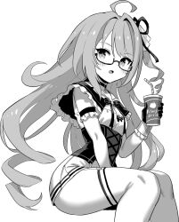 Rule 34 | 1girl, ahoge, azur lane, azur lane: slow ahead, choker, cross, cross choker, cross earrings, cup, drinking straw, earrings, grey hair, greyscale, hand up, holding, holding cup, hori (hori no su), jewelry, l&#039;opiniatre (azur lane), long hair, looking at viewer, monochrome, official art, one side up, semi-rimless eyewear, simple background, sitting, solo, thighhighs, tri drills, white background