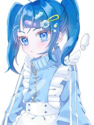 Rule 34 | 1girl, :o, ahoge, apron, arms at sides, bandaid hair ornament, blue eyes, blue hair, blue jacket, blunt bangs, blush, collared jacket, detached wings, frilled apron, frills, gomamama 114, hair ornament, hairclip, highres, hirogaru sky! precure, jacket, jersey maid, looking at viewer, maid, maid apron, medium hair, parted lips, pill hair ornament, precure, simple background, single sidelock, solo, sora harewataru, track jacket, twintails, unconventional maid, upper body, white apron, white background, wings, zipper