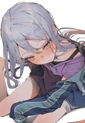 Rule 34 | 1girl, absurdres, black tank top, blue eyes, blue hair, blue jacket, blush, collarbone, commentary, grey hair, highres, jacket, long hair, looking at viewer, looking up, parted lips, project sekai, purple shirt, shirt, simple background, sitting, sleeves past wrists, solo, swept bangs, tank top, thighs, tsune (tune), very long hair, wariza, white background, white hair, yoisaki kanade